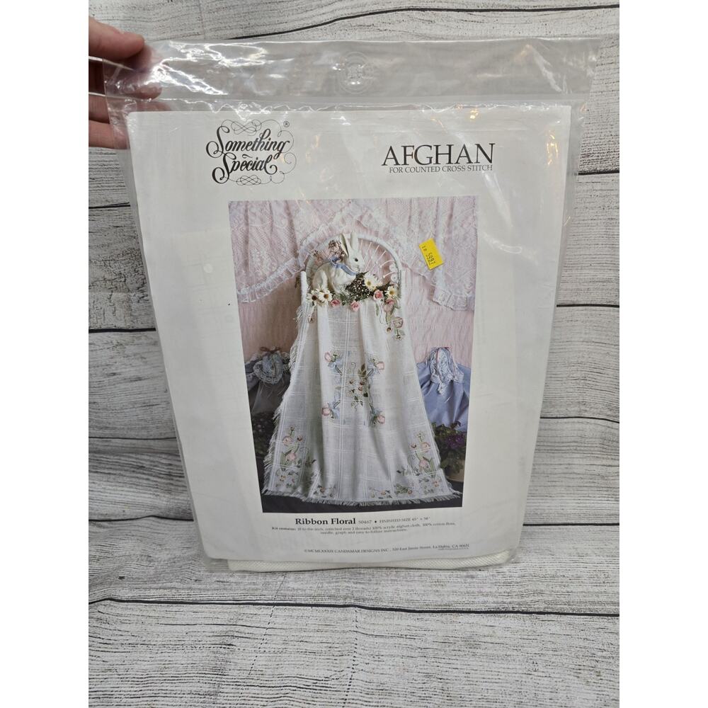 Candamar Afghan Counted Cross Stitch Ribbon Floral Kit #50467 (#586) 45" X 58"